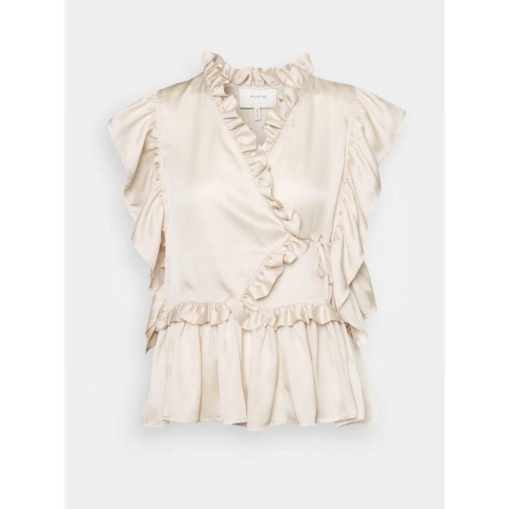 Munthe Vox Wrap Blouse Women’s Ivory Ruffle Satin Like Top Approx Size M/L Boho